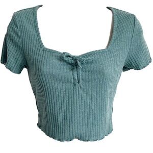 SHEIN cap sleeve ribbed knit crop top green blue pullover medium